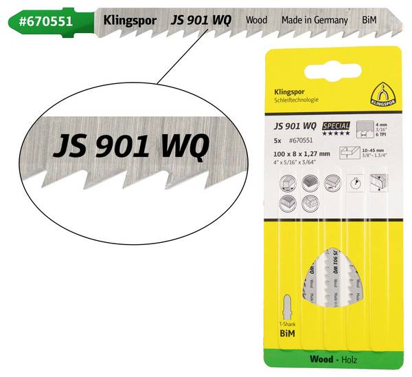 Klingspor 670551 JS 901 WQ decoupeerzaagbladen, 100 x 8 x 1,27 mm werklengte 75bi-metaal, kruisgeslepen, conisch, 6 tanden per inch, SB-verpakt in doos 5 stuk(s)