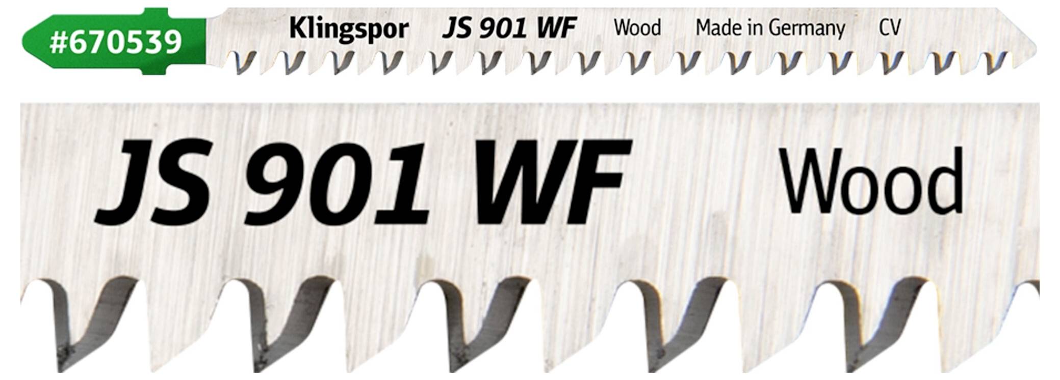 Close-up van een zaagblad met het label 'JS 901 WF Wood', met een vermelding 'Gemaakt in Duitsland'.