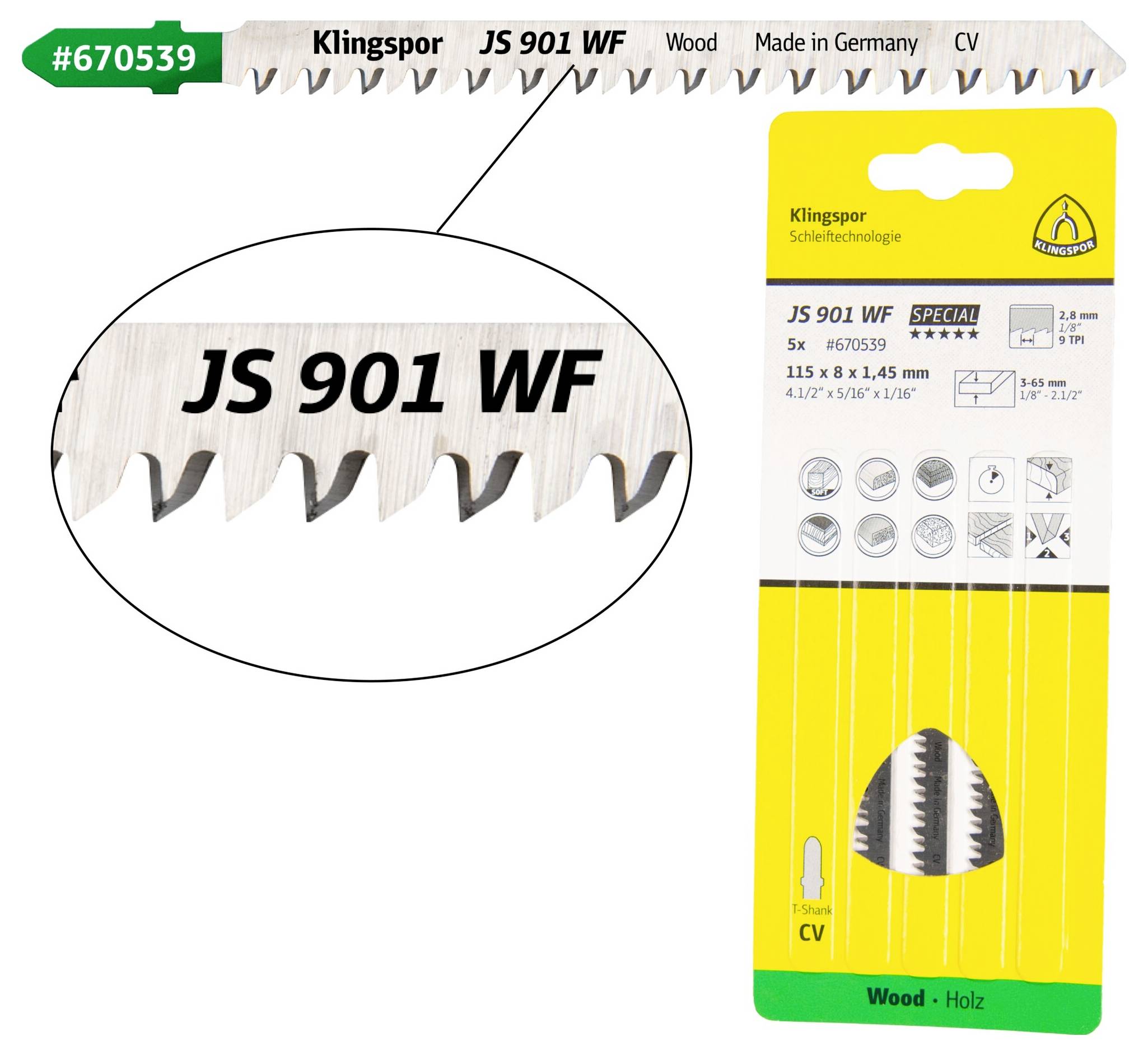 Klingspor 670539 JS 901 WF decoupeerzaagbladen, 115 x 8 x 1,45 mm werklengte 90Crom-vanadium, kruisgeslepen, conisch, 9 -0