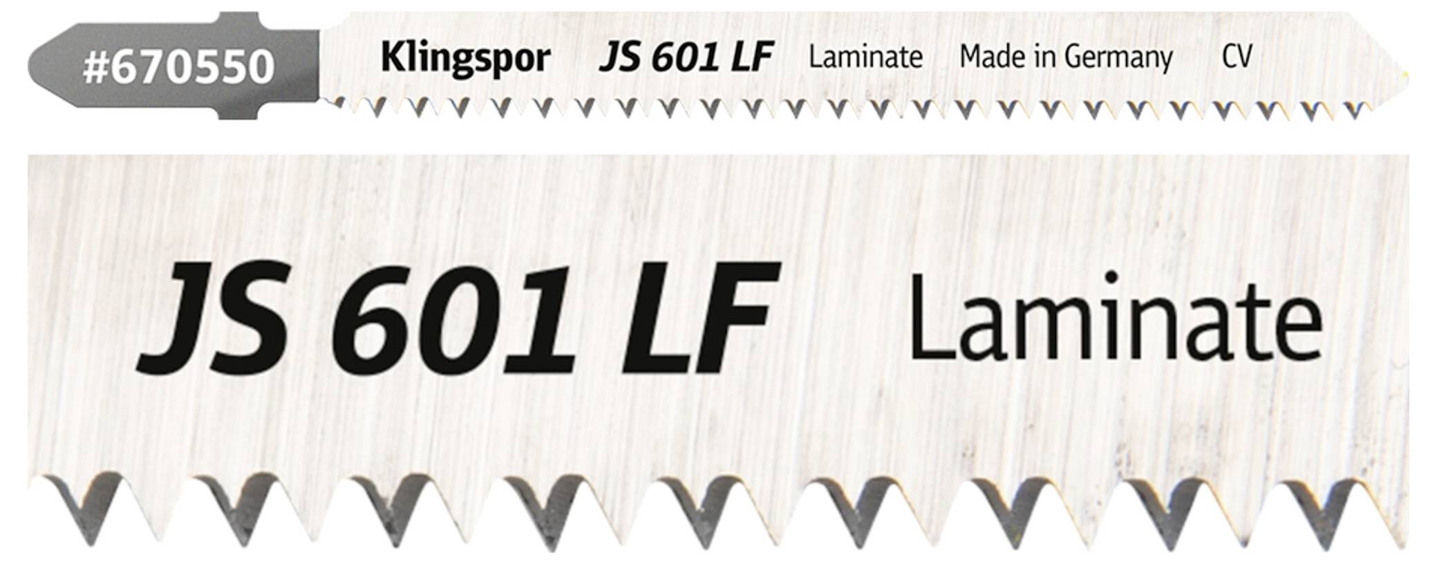 'Zaagblad gemerkt JS 601 LF, vervaardigd door Klingspor voor laminaat zagen, gemaakt in Duitsland, artikelnummer #670550.'