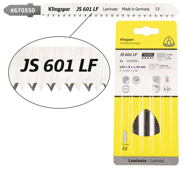 Klingspor 670550 JS 601 LF decoupeerzaagbladen, 100 x 8 x 1,45 mm werklengte 75 Cromvanadium, kruisgeslepen, conisch, 17 tanden per inch, SB-verpakt in doos 5 stuk(s)