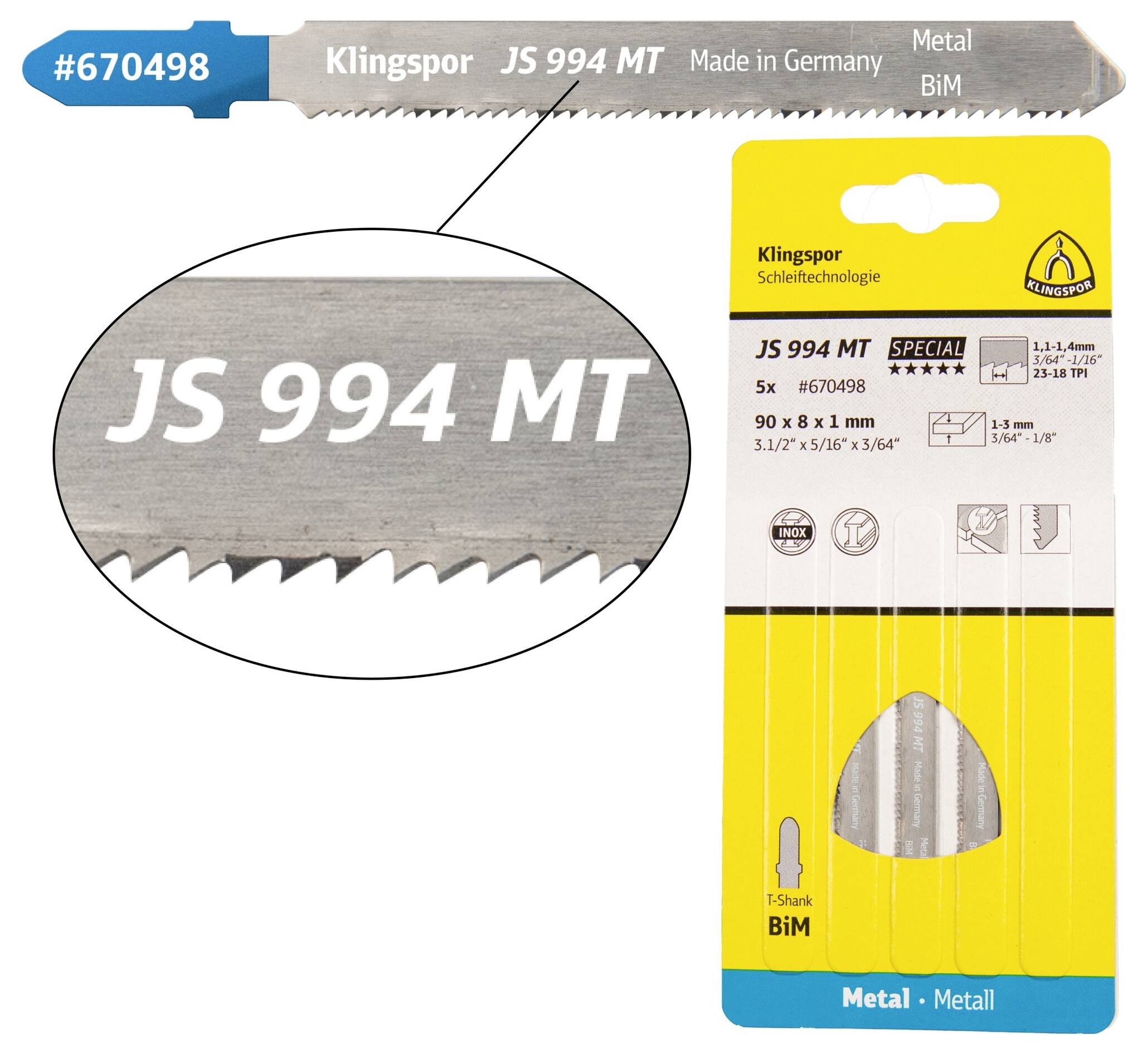 Klingspor 670498 JS 994 MT decoupeerzaagbladen, 90 x 8 x 1 mm werklengte 63bi-metaal, gefreesd, gegolfd, 23-28 tanden pe-0