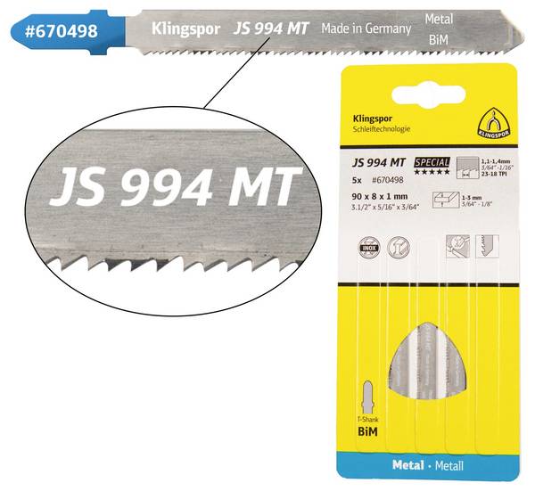Klingspor 670498 JS 994 MT decoupeerzaagbladen, 90 x 8 x 1 mm werklengte 63bi-metaal, gefreesd, gegolfd, 23-28 tanden per inch, SB-verpakt in doos 5 stuk(s)