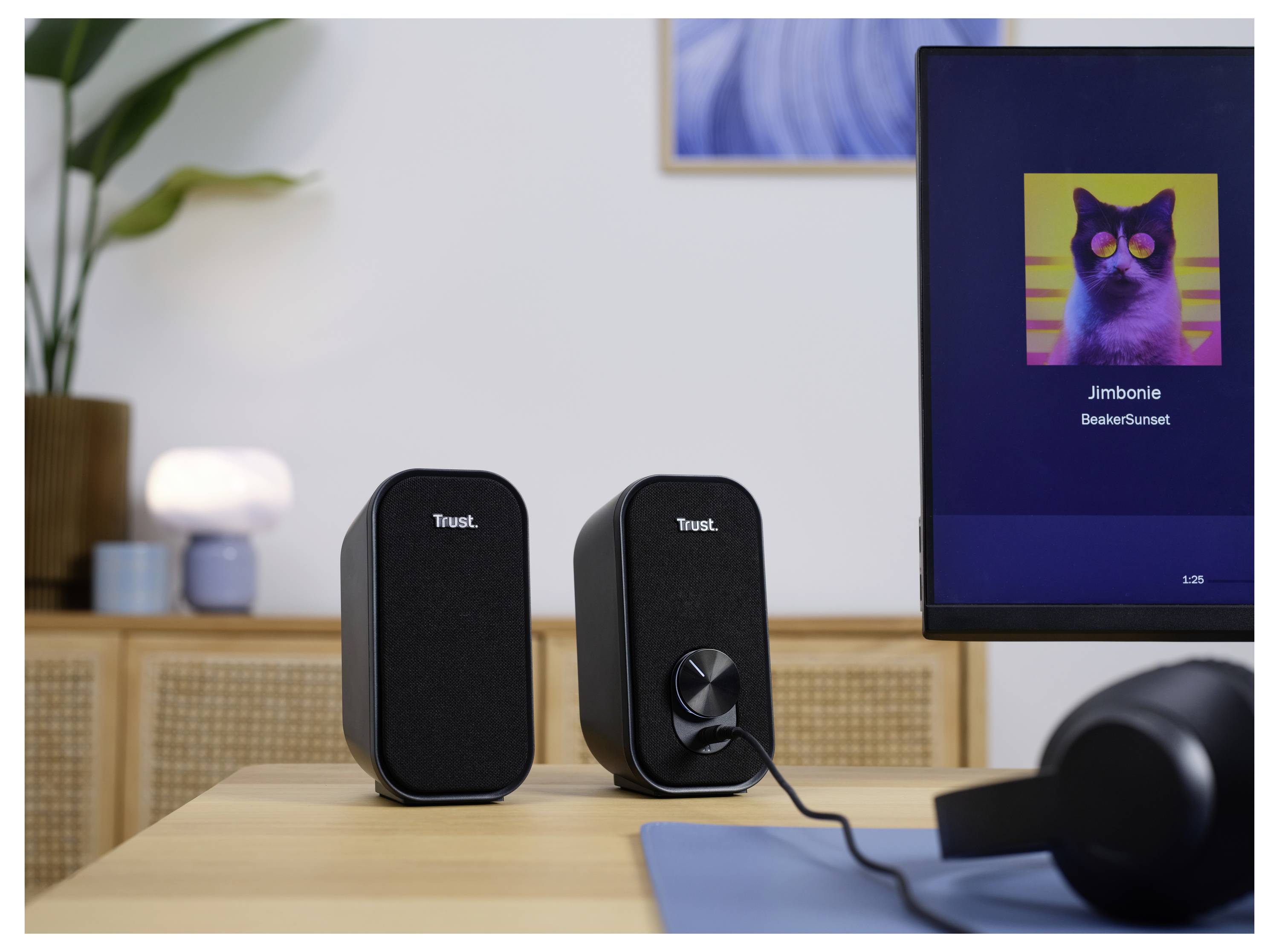 Twee zwarte speakers die zijn aangesloten op een computerscherm tonen een kleurrijk kattenplaatje met de tekst 'Jimbone, Speaker System'. Koptelefoons rusten in de nabijheid.