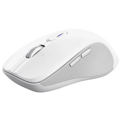 Een strakke witte draadloze computermuis met een scrollwiel en twee zijknoppen, geschikt voor comfortabel gebruik.
