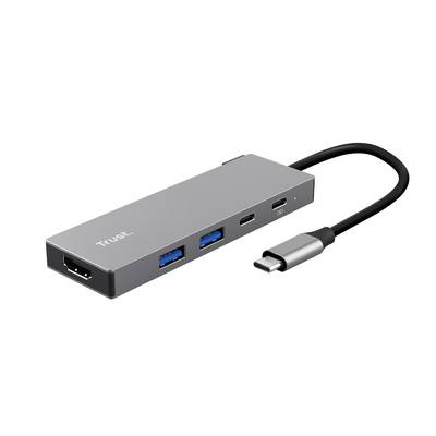 Een rechthoekige USB-C hub met een aangesloten kabel, voorzien van aansluitingen voor HDMI, USB-C en drie USB-A verbindingen, gelabeld als 'Trust'.