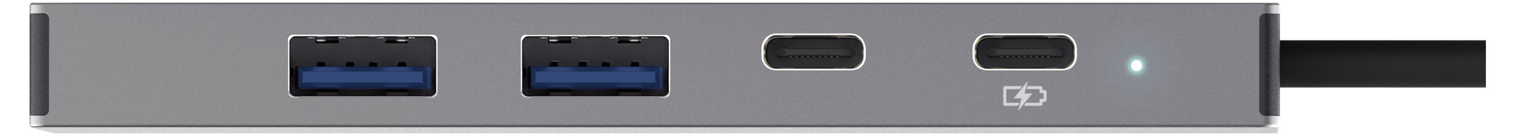 Een grijze computerhub met twee USB-poorten, twee USB-C-poorten en een kleine LED-indicator.