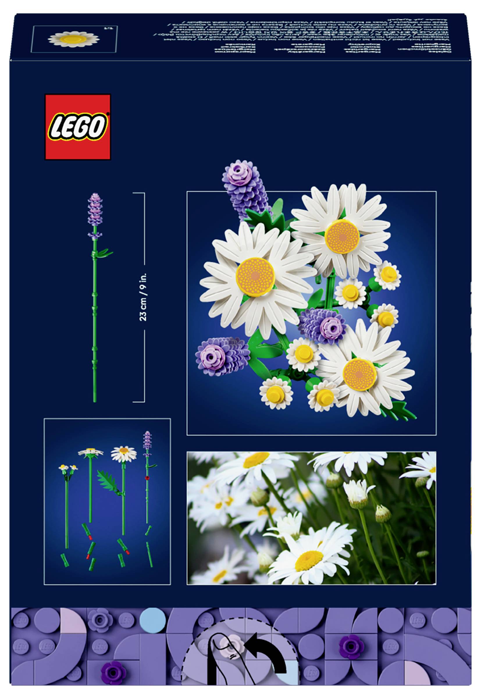 Doos met LEGO bloemenset. Bevat afbeeldingen van madeliefjes en lavendel, gebouwd uit LEGO-stukjes, met realistische bloemontwerpen en details.