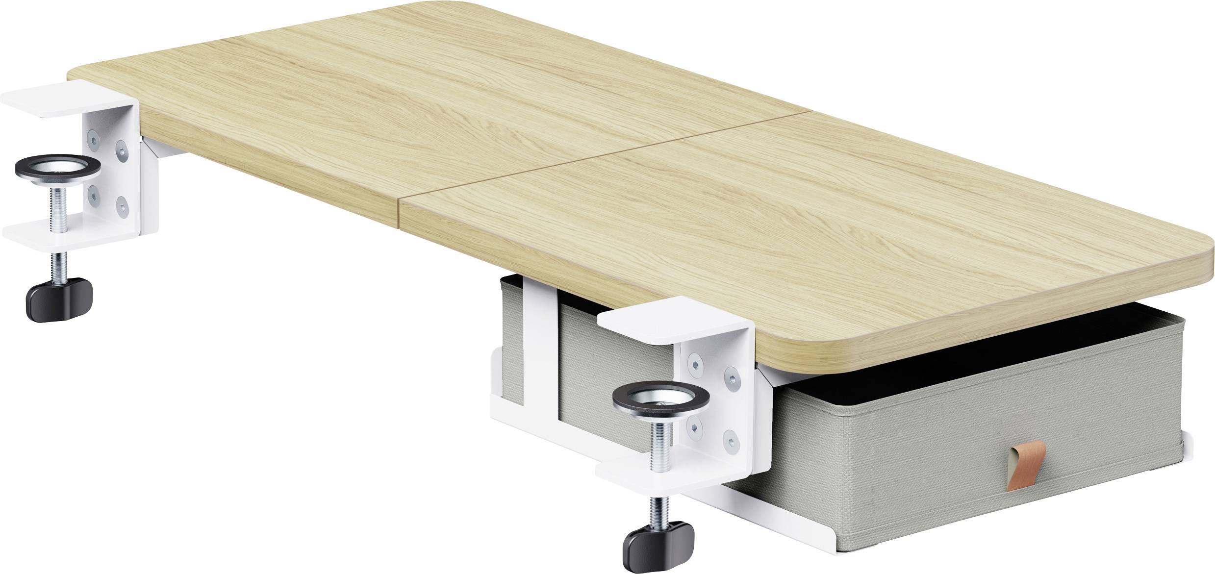 Houten bureaublad met metalen klemmen onder de tafel en een grijze opslaglade eronder bevestigd.