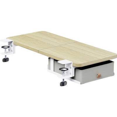Houten bureaublad met metalen klemmen onder de tafel en een grijze opslaglade eronder bevestigd.