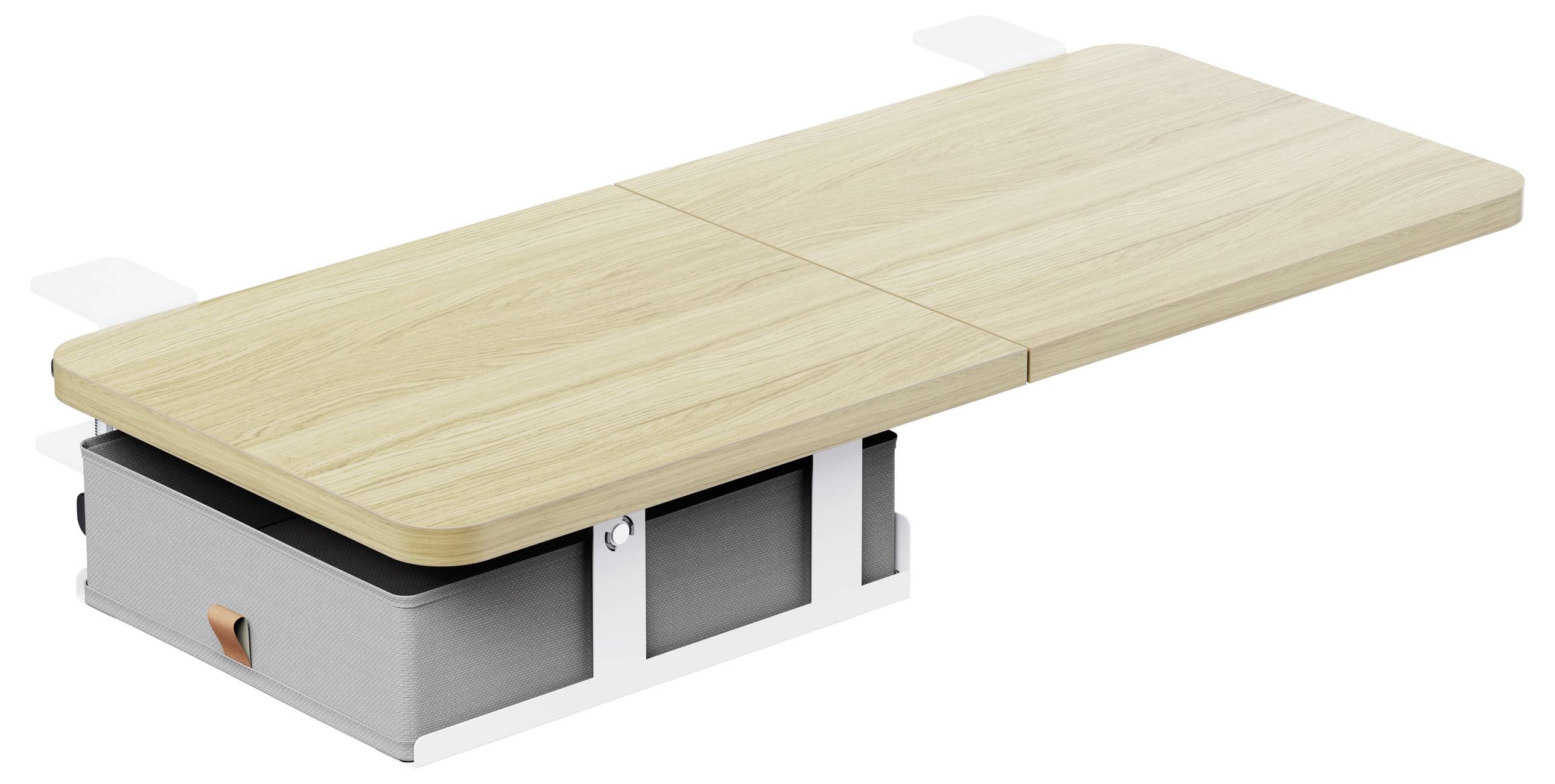 Verstelbare houten massagetafel met gevoerde onderkant en open opslagvak, weergegeven in een studioachtige productweergave op een witte achtergrond.