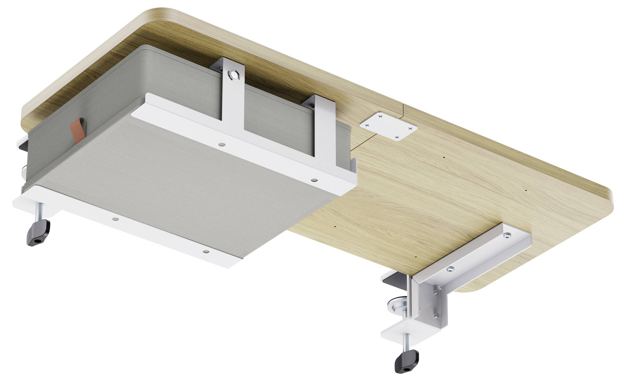 Onderzijde van een gemonteerd houten bureau of tafel met metalen steunbeugels en verstelbare voeten op een witte achtergrond.
