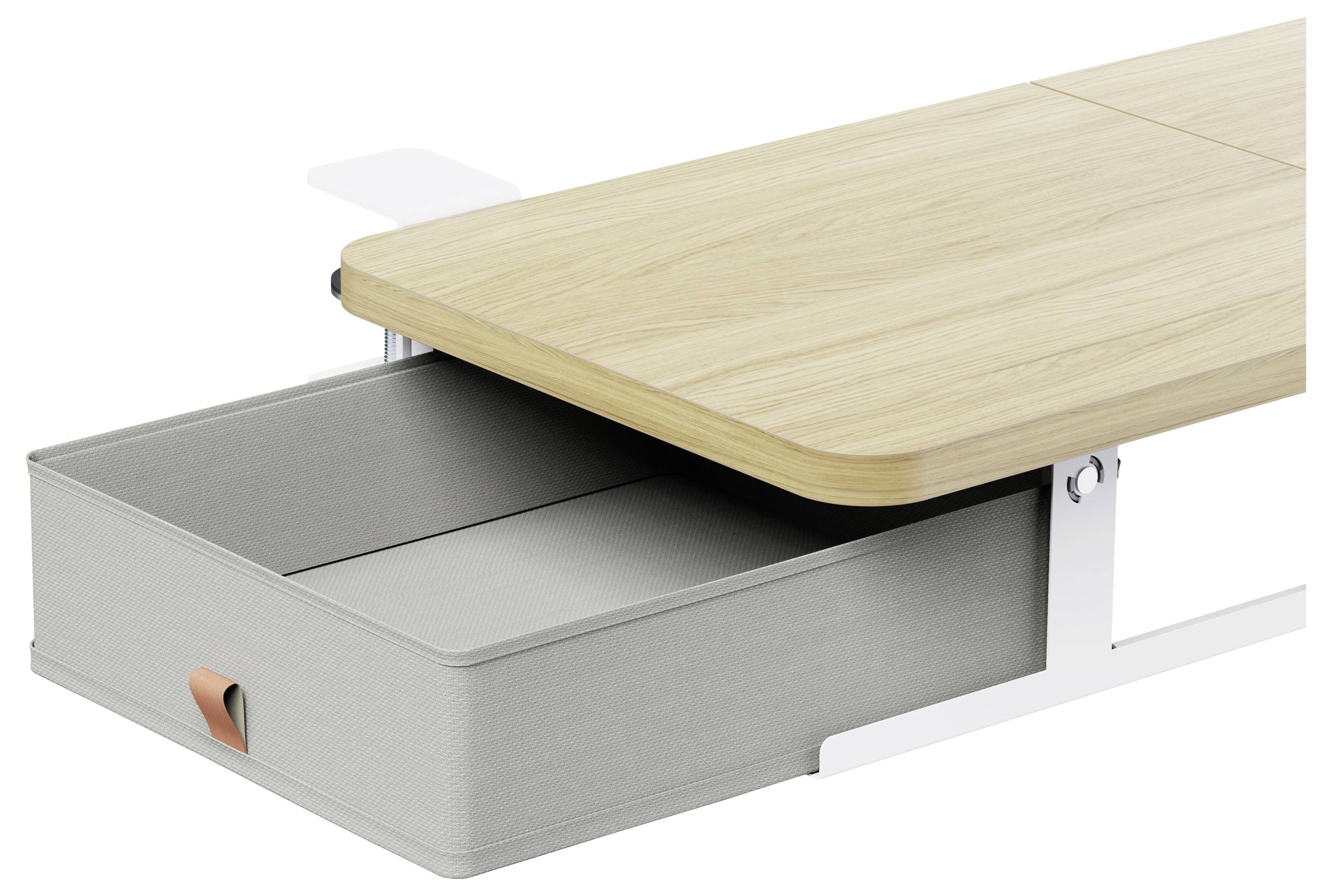 Houten bureau met een grijze stof uitschuifbare opslaglade onder het tafelblad, met ingebouwde organisatie onder het bureau.