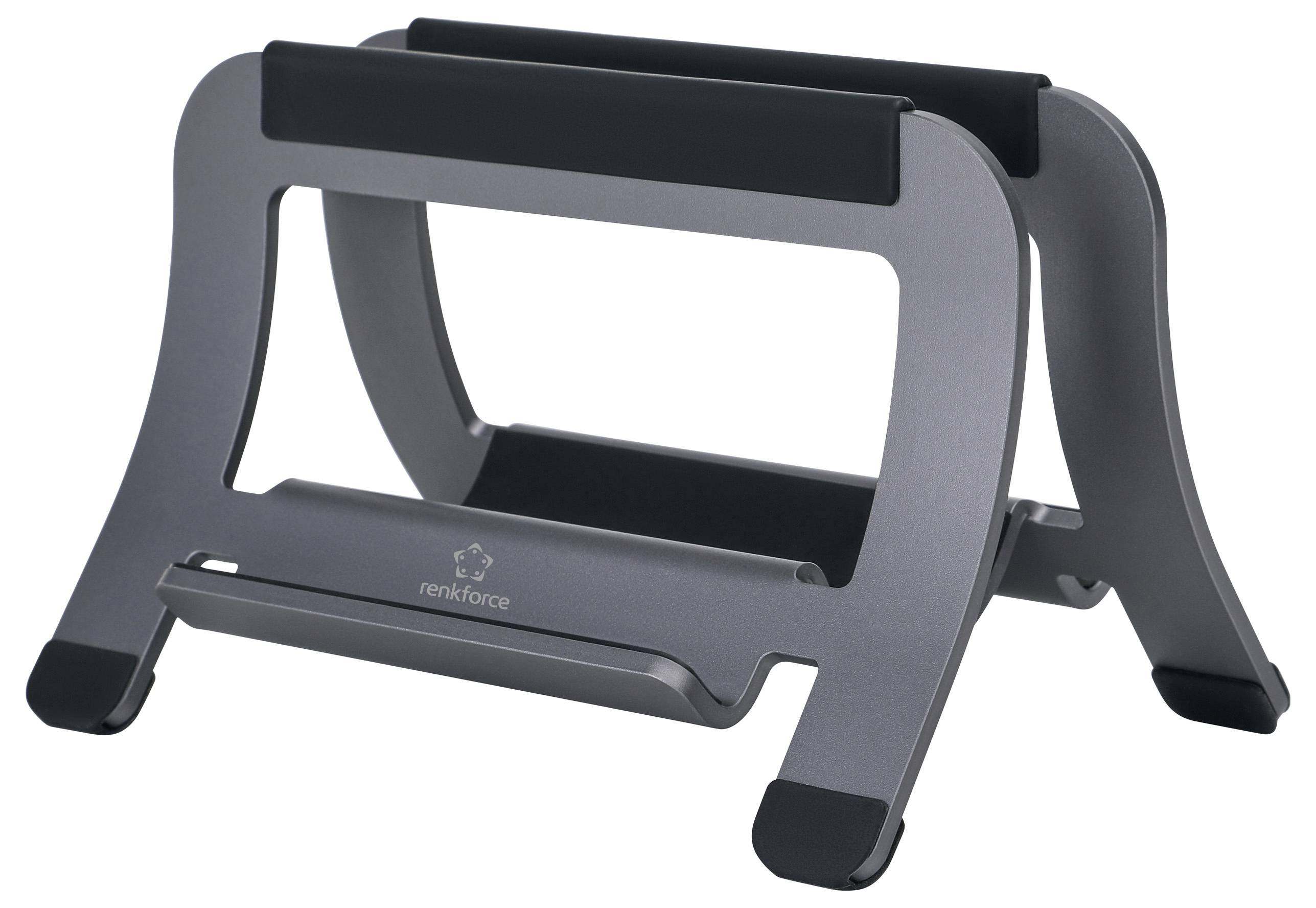 Een grijze laptopstandaard met twee sleuven en rubberen voetjes voor stabiliteit, geschikt voor het verticaal opbergen van twee laptops om ruimte te besparen.