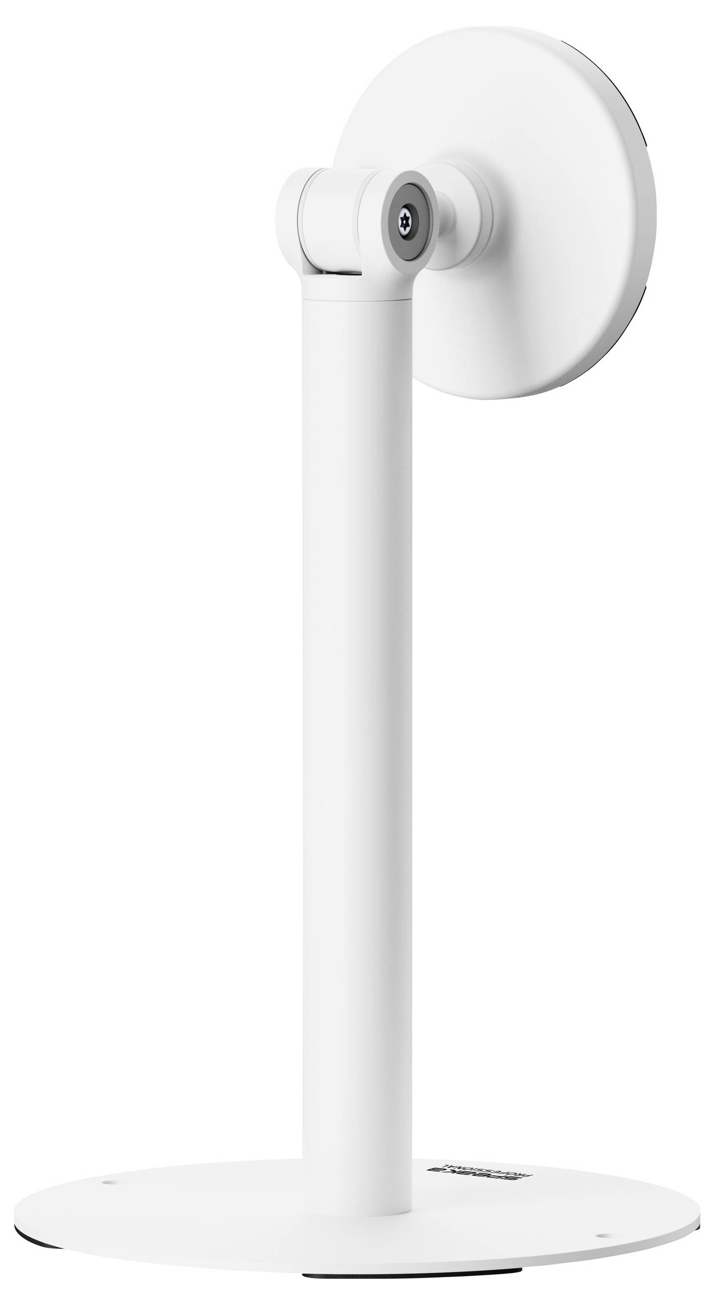 Een witte, cilindrische staande bureaulamp met een circulaire basis en een verstelbaar rond hoofd, weergegeven van opzij op een eenvoudige achtergrond.