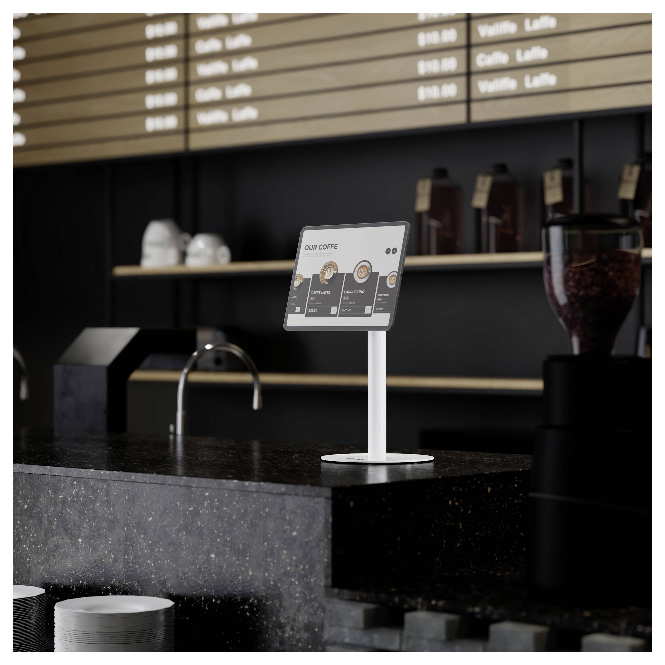Een moderne cafébalie met een digitaal menuscherm met koffie-opties. Planken met kopjes en potten op de achtergrond.