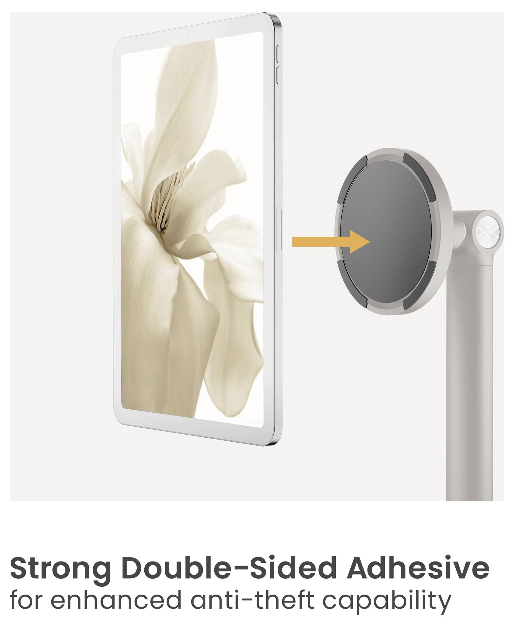 Tablet beveiligd op een standaard met behulp van een ronde kleefpad, illustrerend 'Sterke dubbelzijdige kleefstof voor verbeterde diefstalwering'.