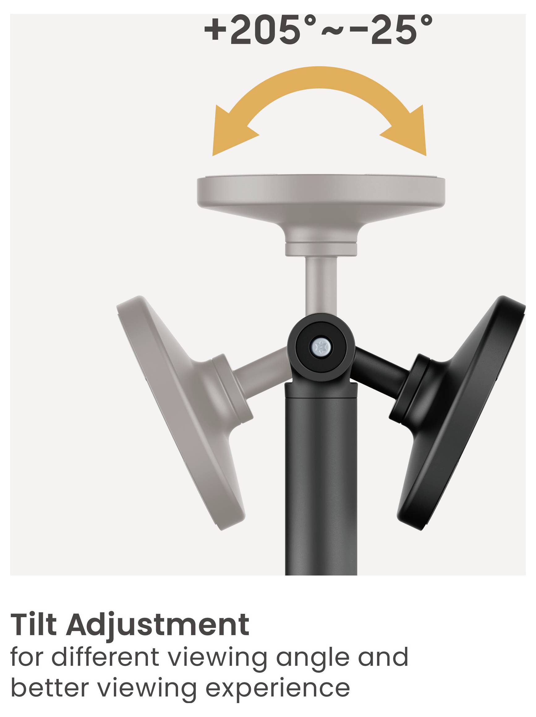 'Kantelinstelling voor verschillende kijkhoeken en betere kijkervaring'; illustratie van 205° tot -25° kantelberik.