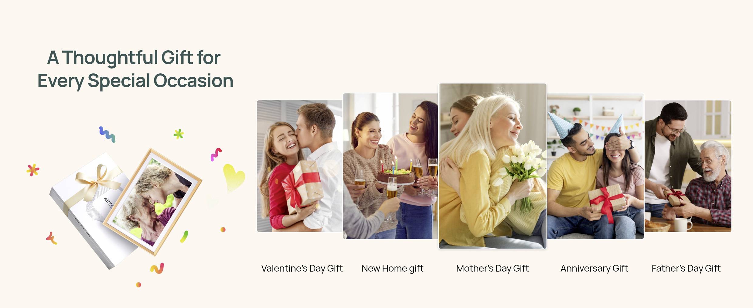 'Een doordacht cadeau voor elk bijzonder moment': Beelden van mensen die Valentijnsdag, een nieuwe woning, Moederdag, Jubileum en Vaderdag vieren.