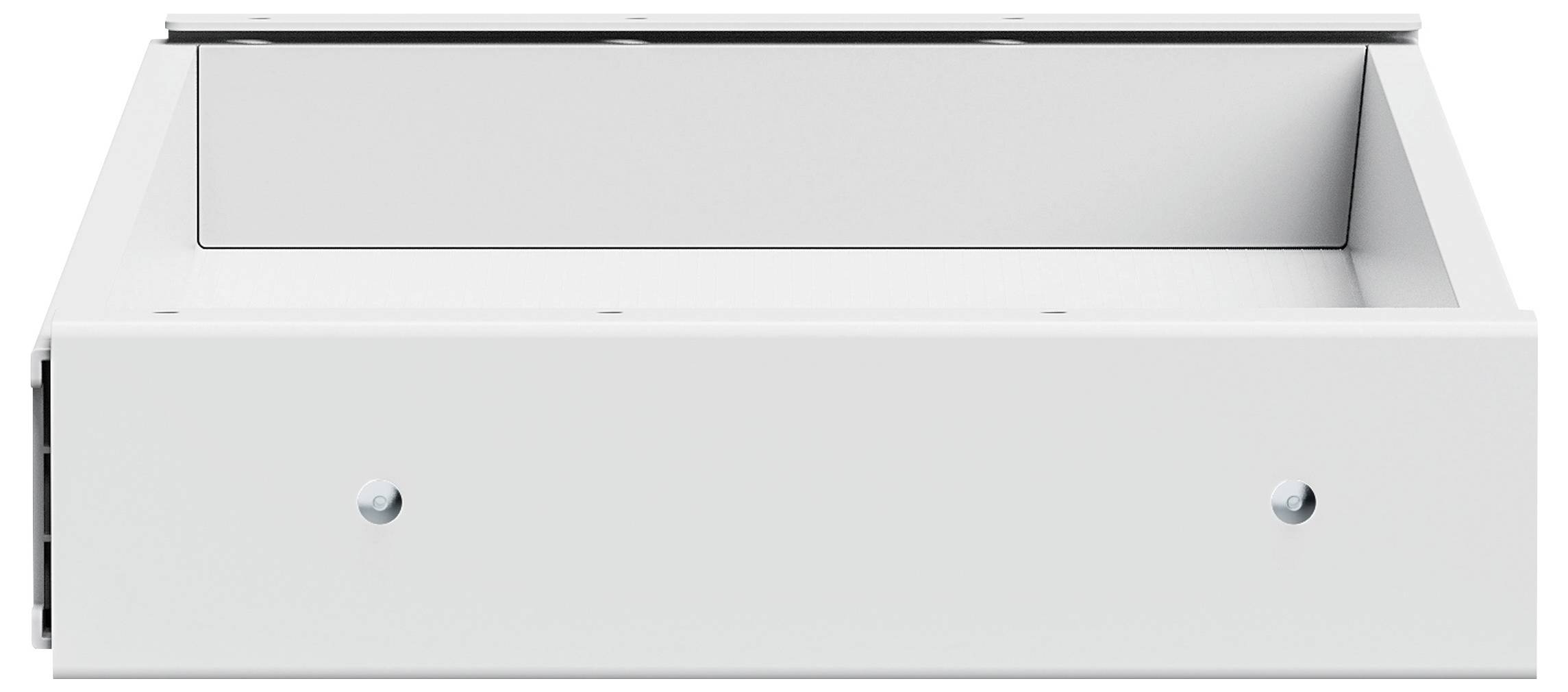 Een witte metalen lade met handgrepen en een glad voorkant, ontworpen voor installatie in een kast of bureau voor opslagdoeleinden.