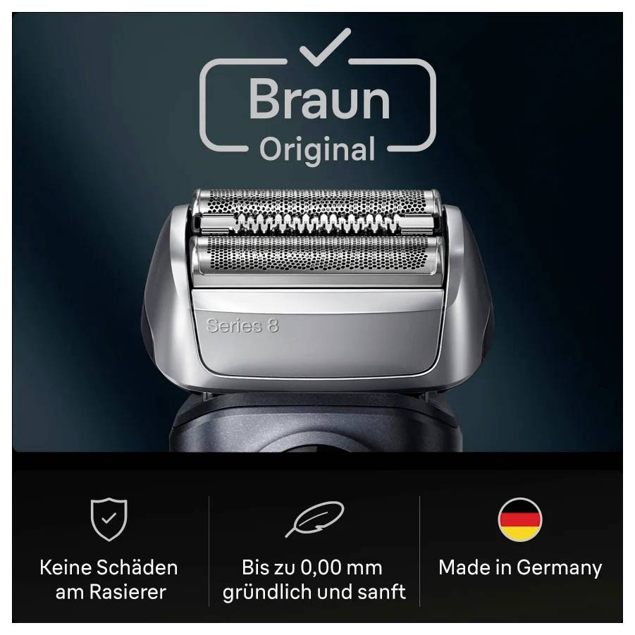 Een Braun scheerapparaat met de opdruk 'Origineel', benadrukt een grondige en zachte scheerbeurt zonder beschadigingen, Made in Germany.