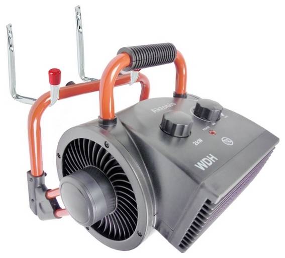 De afbeelding toont een zwarte en oranje industriële verwarming met handgrepen, draaiknoppen en een metalen beugel voor montage of positionering.