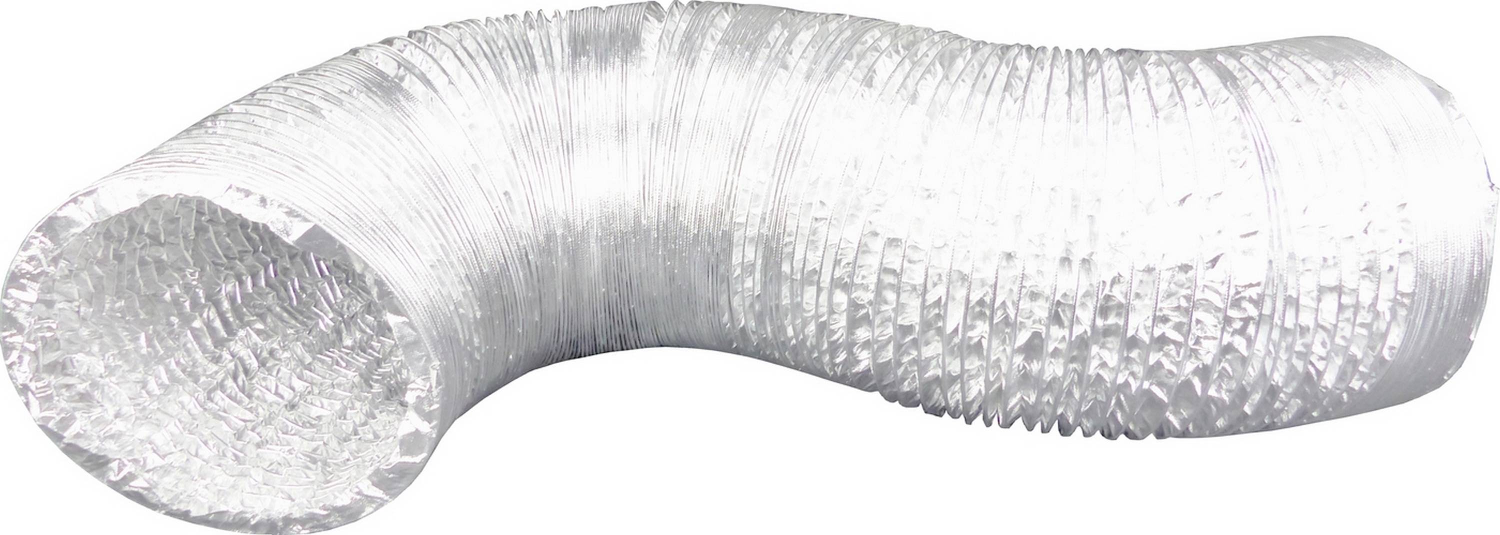 Flexibele zilveren ventilatiebuis, licht gebogen, gebruikt voor ventilatie- of verwarmingssystemen.