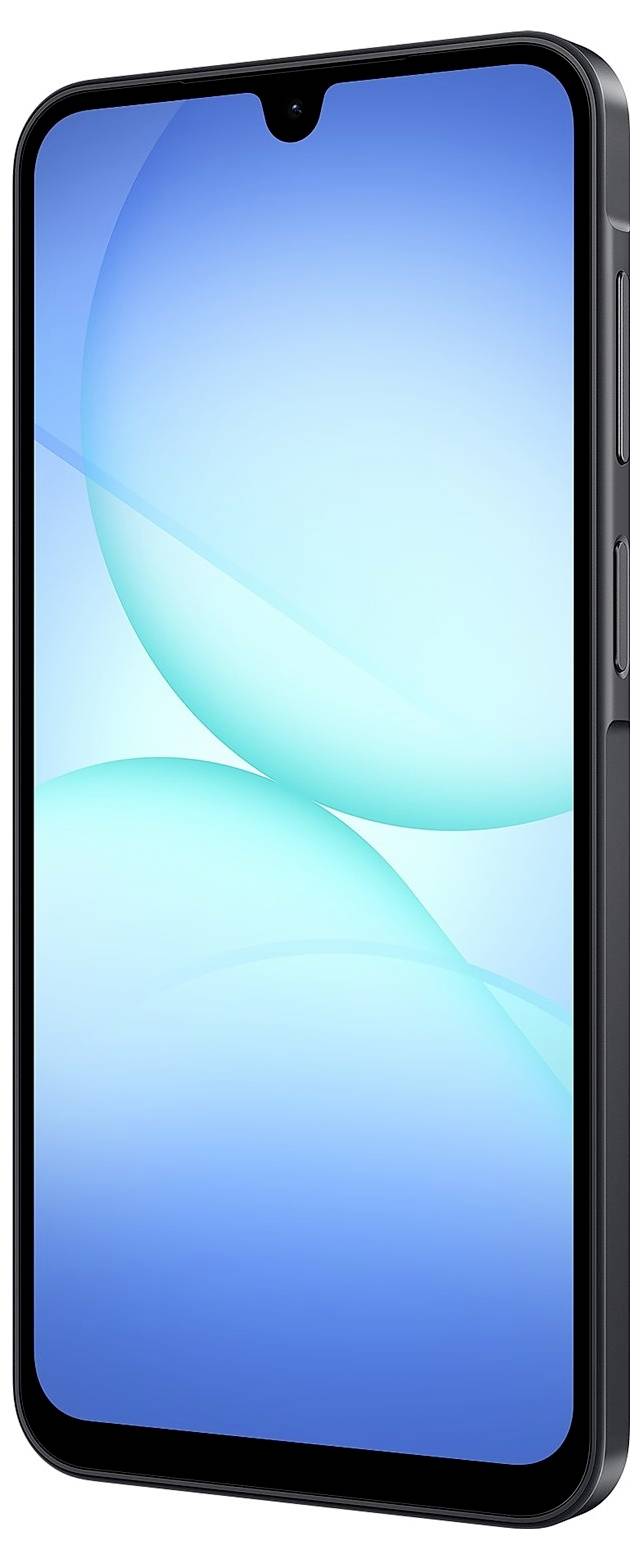 Een smartphone met een groot scherm waarop een blauwe abstracte achtergrond wordt weergegeven. De telefoon heeft een dunne rand en een frontcamera-inkeping.