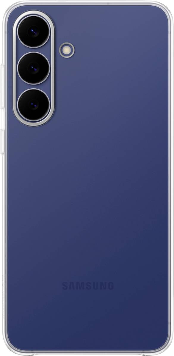 Achteraanzicht van een blauwe Samsung smartphone met drie camera's en een flitser in een verticale opstelling. Het Samsung-logo is zichtbaar onderaan de achterkant.