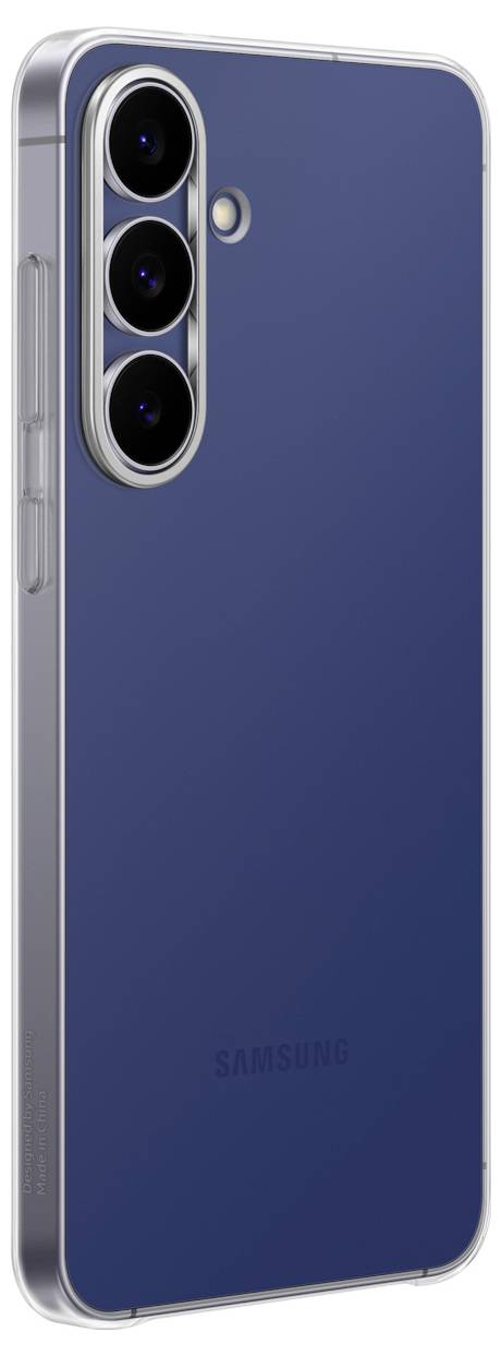 Een blauwe smartphone met drie achterste camera's verticaal uitgelijnd aan de linkerkant en een flitser ernaast, met een strak design.