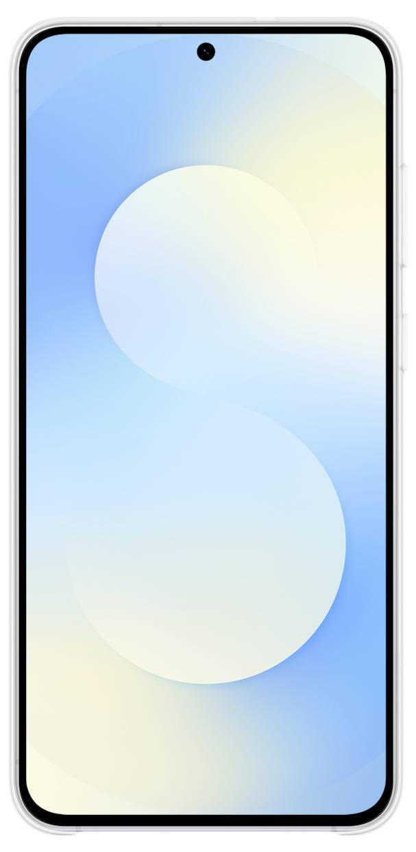 Een smartphone die een minimalistische, abstracte achtergrond vertoont met zachte blauwe en gele tinten en een grote, gestileerde 'S'-vorm in het midden.