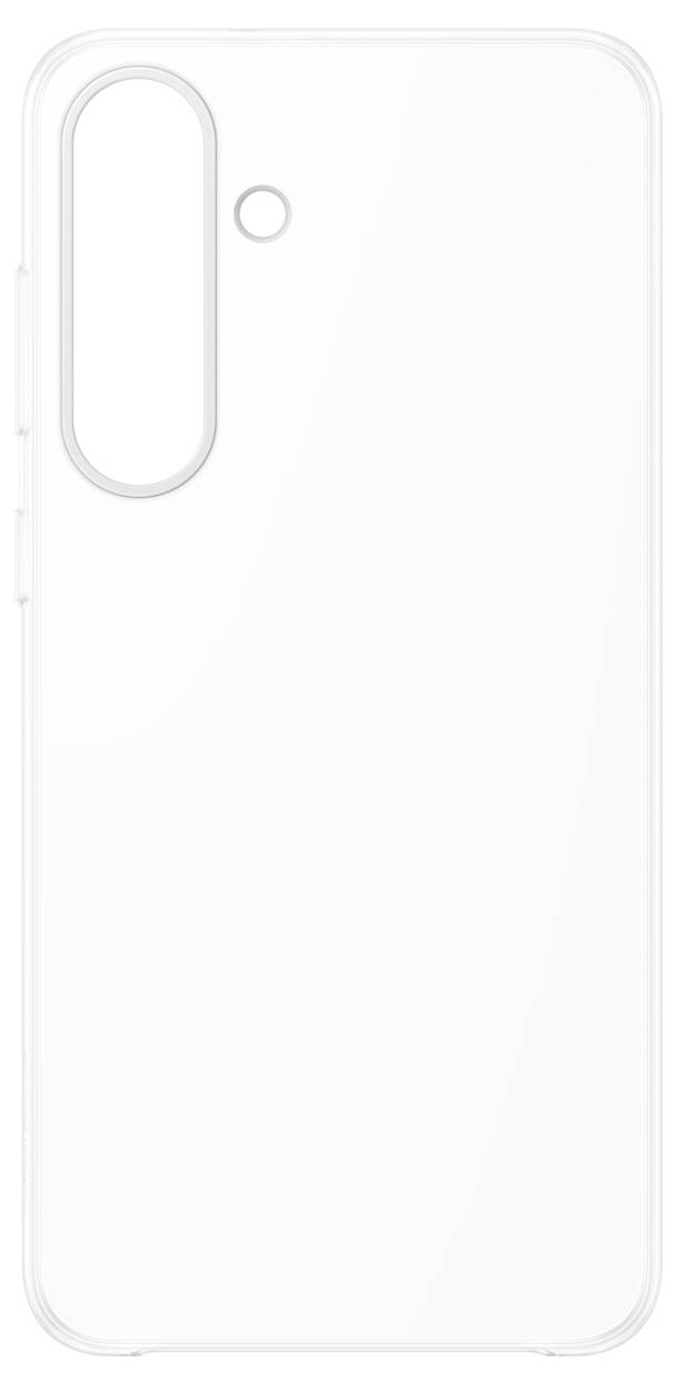 Doorzichtige telefoonhoes voor een smartphone met dubbele camera's, met een opening voor de camera en knoppen aan de zijkant.