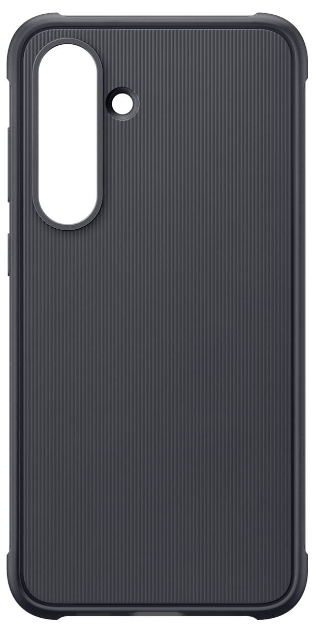 Een zwarte smartphonehoes met een gestructureerd oppervlak en uitsparingen voor de camera en flitser.