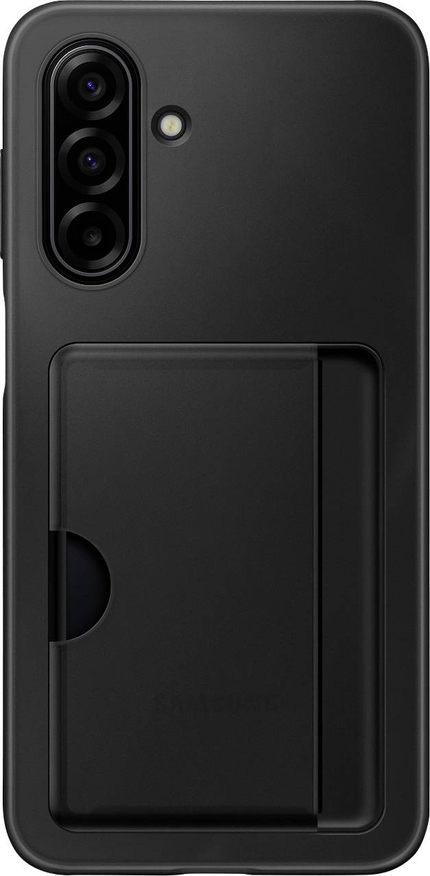 Een zwarte smartphone met drie achterste camera's en een beschermhoes met een uitschuifbare kaartsleuf aan de achterkant.