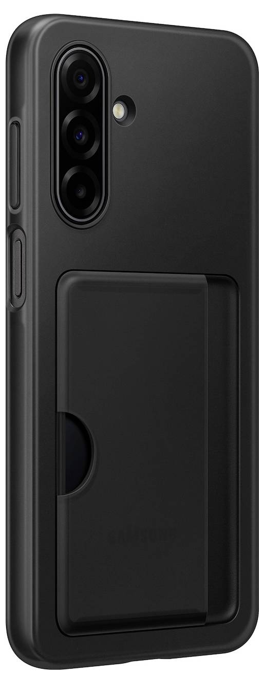 Een zwarte smartphone met een beschermhoes voorzien van een schuifkaarthouder aan de achterkant, gefotografeerd van achteren en onder een hoek naar links.