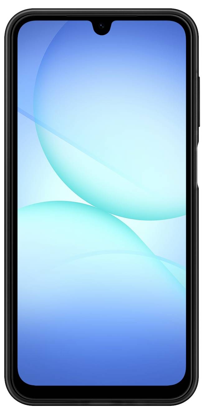 Een smartphone met een strak zwart frame, waarbij op het scherm een blauwe abstracte achtergrond wordt weergegeven.