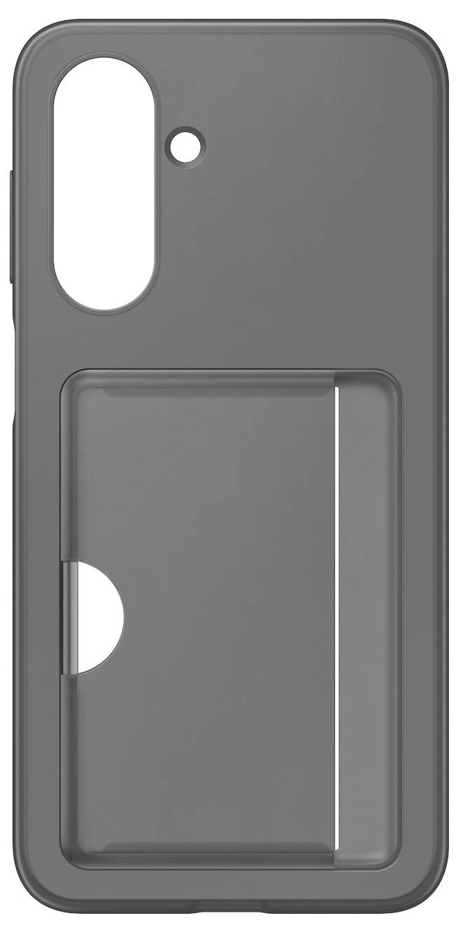 Een grijze smartphonehoes met een schuifcompartiment aan de achterkant voor het opbergen van pasjes, voorzien van twee uitsparing voor camera's en flitser.