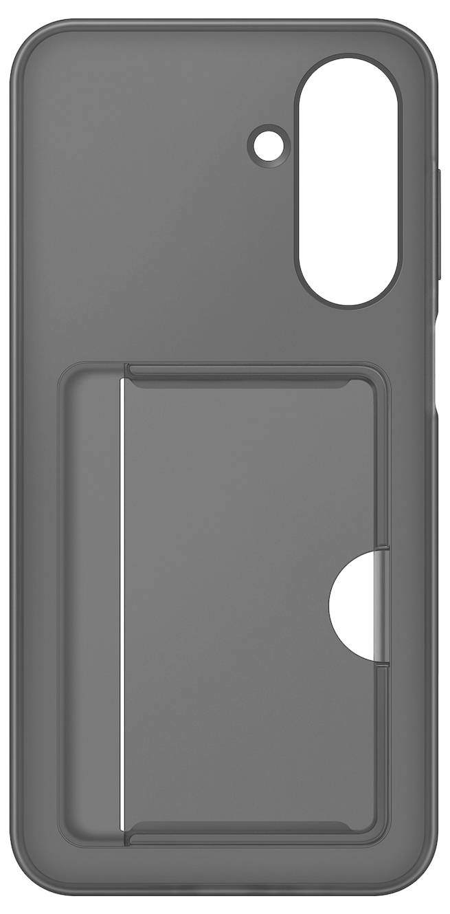 Een grijze smartphonecase met een geïntegreerde kaartenhouder, voorzien van een rond cameragat en een extra kleine uitsparing voor een knop.