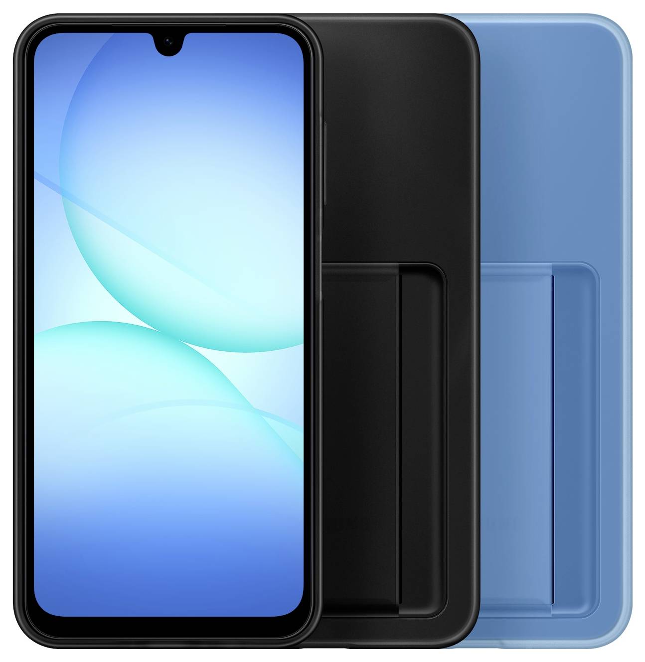 Een smartphone met een helder blauwe scherm staat voor twee gekleurde hoesjes, één zwart en één blauw, waarbij beschermingsopties worden gepresenteerd.