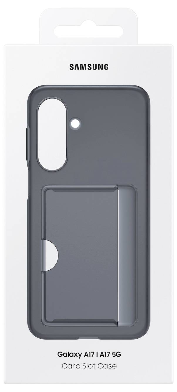 Een telefoonhoesje met een kaartsleuf, ontworpen voor Samsung Galaxy A17 / A17 5G, weergegeven in de originele verpakking.