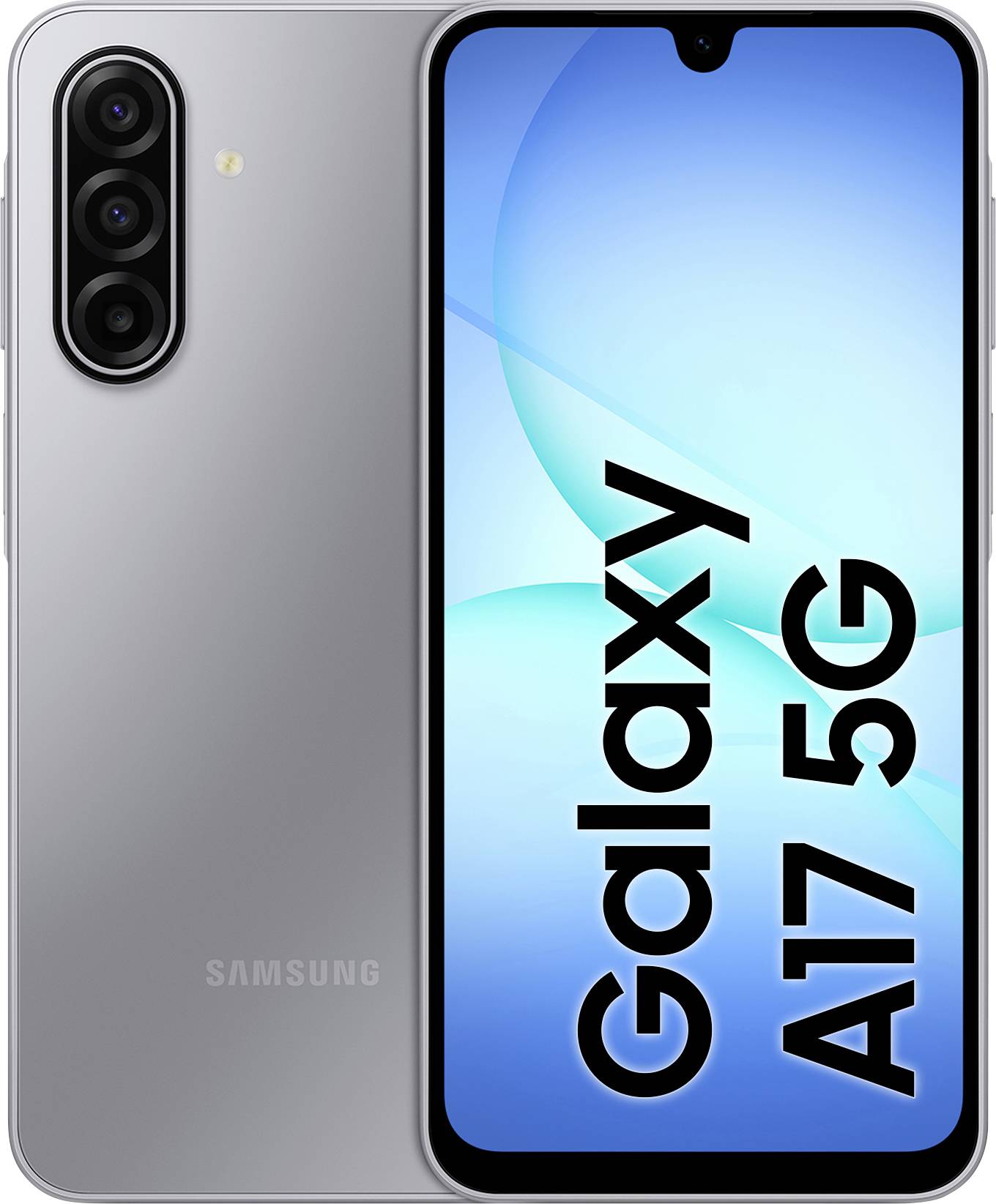 'Samsung Galaxy A17 5G smartphone, zilveren kleur, toont zijn strakke design en driedubbele camera aan de achterkant. "Galaxy A17 5G" tekst op het scherm.'