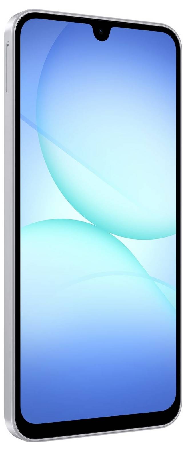 Een strak ontworpen smartphone met een groot scherm, smalle randen, en een frontcamera bovenin het midden. Het scherm toont een blauwe verloopwallpaper.