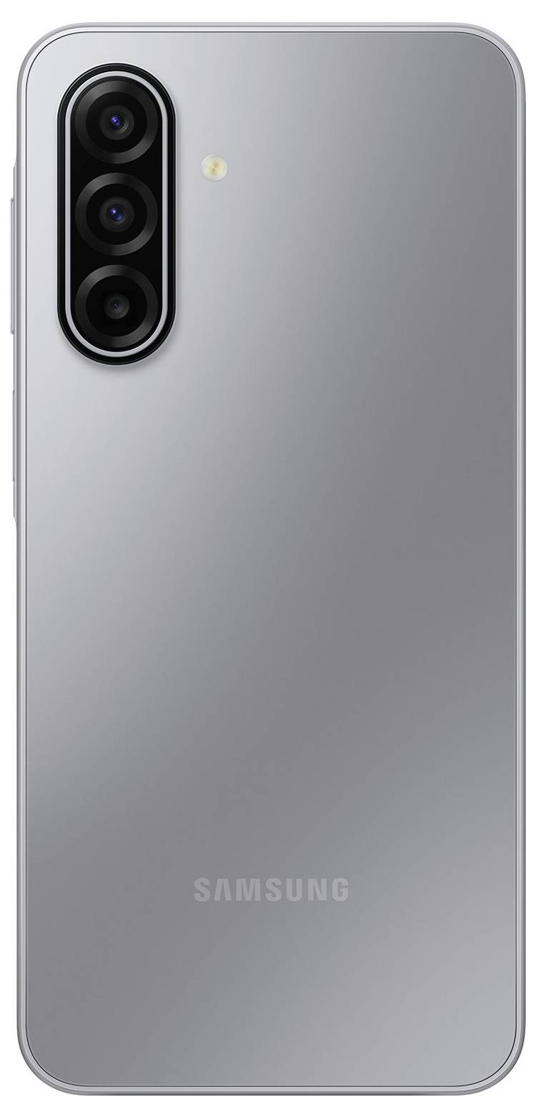 'Zilveren smartphone met drie achterste camera's verticaal uitgelijnd aan de linkerkant, met een minimalistisch design.'