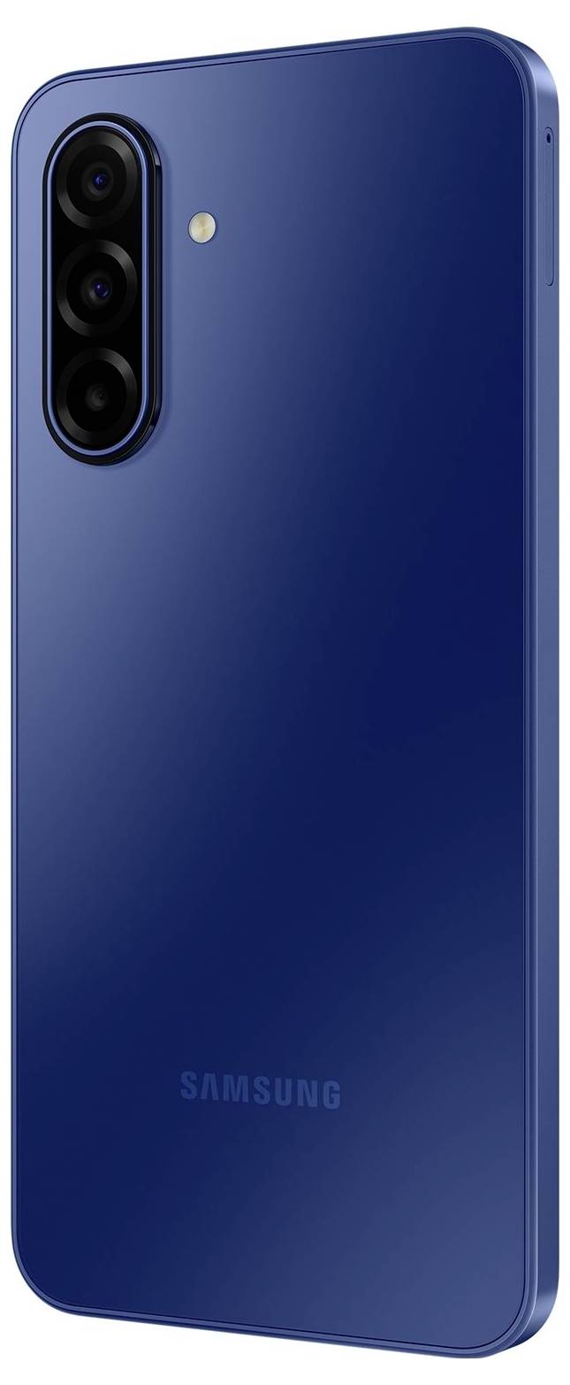 Blauwe Samsung smartphone, achteraanzicht, met drievoudige cameraconfiguratie en flitser.