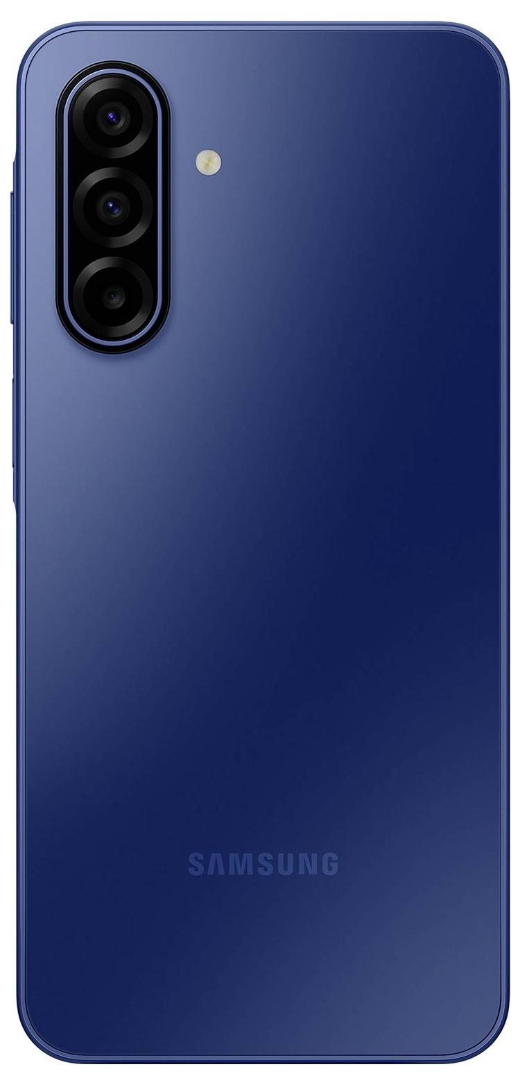 Een blauwe smartphone met drie achterste camera's, een LED-flitser en het Samsung-logo onderaan.