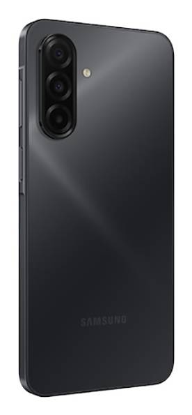 Een slanke, zwarte smartphone met een drievoudige cameraconfiguratie aan de achterkant. Het ontwerp is minimalistisch, met de merknaam zichtbaar.