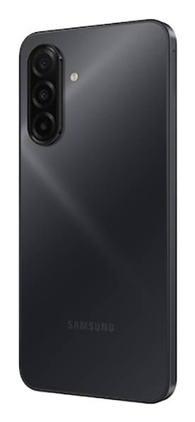 Achterkant van een zwarte smartphone met drie verticaal geplaatste cameraleazen en een Samsung-logo onderaan.