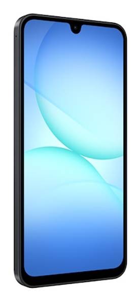 Een smartphone met een slanke vormgeving en een groot, helder scherm waarop blauwe abstracte vormen worden weergegeven.