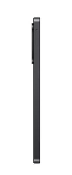 Zijaanzicht van een dunne, zwarte smartphone met camerabult en een strak, minimalistisch ontwerp.