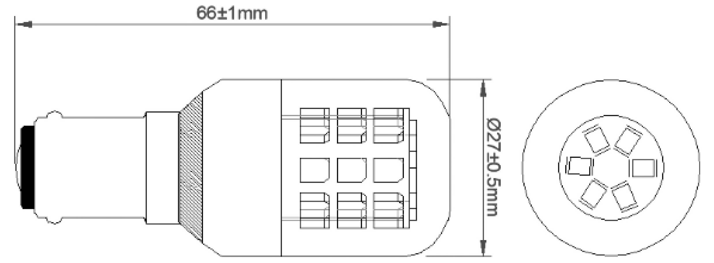 Een technische tekening van een lamp met afmetingen: lengte 68 ± 1 mm, diameter Ø27 ± 0,5 mm. Bovenaanzicht toont interne configuratie.